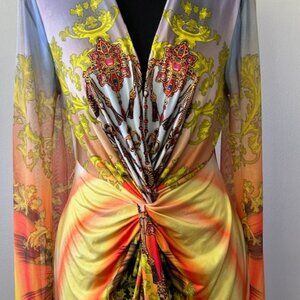 1970s Venus V-Neck Dress Multi-Color Dress Long Sleeve Party Dress Size S/M